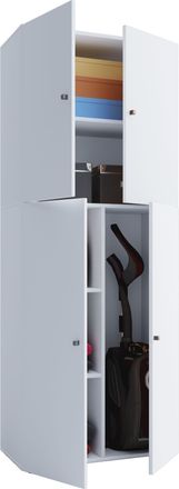 ebuy24 Vcm Gabinete De Escoba De Madera 6 Compartimentos Gabinete Para El Hogar Dimensiones: An. 70 X Al. 184 X T. 40 Cm 4 Puertas Giratorias - Lona (blanco)