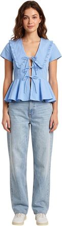 Ganni Blue Solid V Neck Top