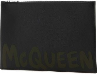 Alexander McQueen Mens Black Leather Clutch Blackkhaki