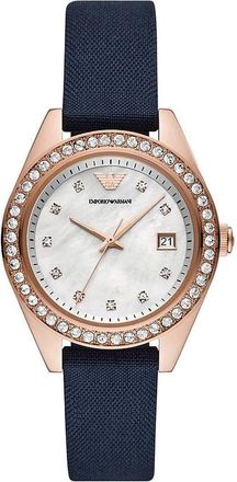 Emporio Armani Horloge met Drie Wijzers- Datum en Blauwe Stoffen Band - Dames - Horloges - Roze - ONE Size - Accessoires