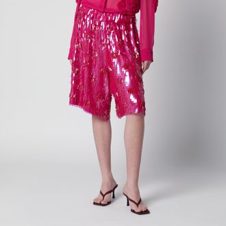 Dries Van Noten Bermuda fucsia in seta con paillettes