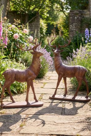 Dibor Set of 2 Bronze Effect Outdoor Garden Decoration Garden Ornament Standing Stags in Brown