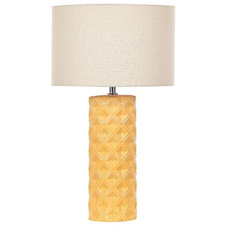 Beliani L&aacute;mpara De Mesa De Cer&aacute;mica Amarillo Pantalla De Tela Beige 49 Cm Patr&oacute;n Geom&eacute;trico Sala De Estar Dormitorio Balonne
