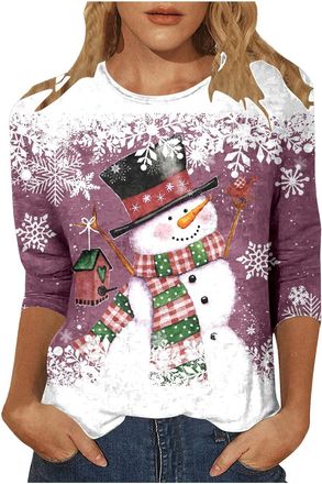 Generic Christmas T Shirts for Women UK Ladies Christmas Tops Crewneck Xmas Tops 3/4 Sleeve Tshirt Graphic Tees Dressy Shirts Santa Elk Snowflake Print Blouse