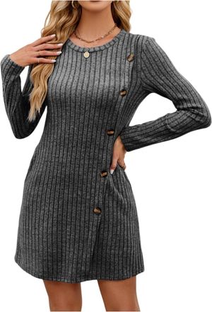 Generic Womens Jumper Dress Long Sleeve Casual Crew Neck A-Line Tunic Dresses Button Side Autumn Winter Trendy Outfits,Plus Size Beach Dresses Summer Midi Yel