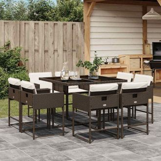 vidaXL Vidaxl - Set Comedor Para Jard&iacute;n 9 Pzas Y Cojines Rat&aacute;n Sint&eacute;tico Marr&oacute;n