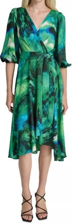 DKNY Womens Printed Sash-Tie V-Neck Elbow-Sleeve Midi Dress In Green