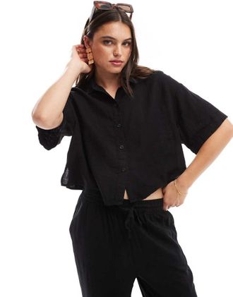 Vero Moda mix and match linen blend boxy short sleeved shirt in black