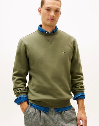 Tommy Hilfiger Mens Tommy Hilfiger Essential Flag Embroidery Mens Fleece Crew Sweatshirt - Battle Green - Tan - Size: 42