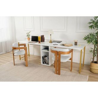 Dmora Escritorio Caprioli, Escritorio Multiusos, Mesa De Oficina Para Pc, El Plan De Trabajo, 240x60 H74 Cm, Blanco Y Oro - Dmora