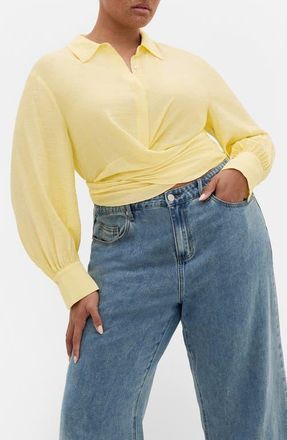 City Chic Rosabella Tie Hem Button-Up Shirt in Lemon Drop at Nordstrom, Size Xxxs