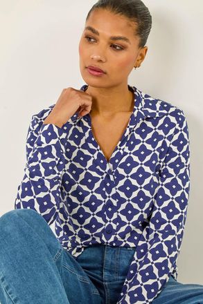 Roman Geo Print Stretch Mock Shirt