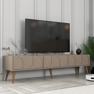 Dmora Mobile Porta Tv Scafa, 3 Ante, Apertura A Ribalta, 3 Vani, 180x35x44h Cm Grigio Tortora