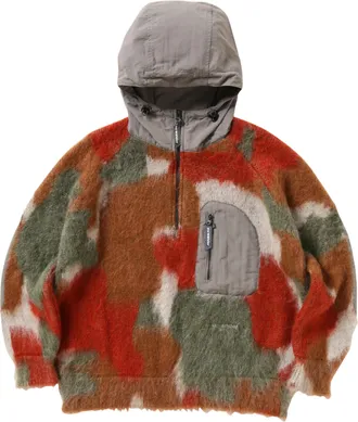 And Wander Bold Camouflage Shaggy Knit Hoodie With Half-Zip Front