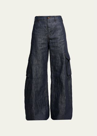Gabriela Hearst Eos Cotton-Linen Sculptural Flared Cargo Pants