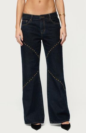 Edikted Charla Studded Low Rise Baggy Jeans in Indigo-Blue-Raw-Wash at Nordstrom, Size X-Large