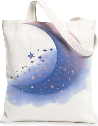 Generic Celestial Moon Canvas Tote Bags, Starry Night Pattern Reusable Grocery Bags, Lightweight Washable Shoulder Strap Canvas for, White, 13x15 Inch