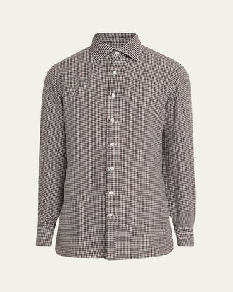 100Hands Mens Linen Gingham Check Casual Button-Down Shirt