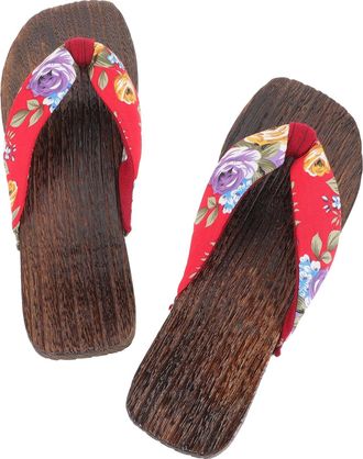 Supvox Japanese Style Wooden Clog Slippers for Women, 1 Pair Red Floral Fabric Sandals, Breathable Summer Home Flip-Flops Size 38