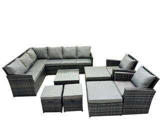 Fimous 12 Seat Poly Rattan Corner Sofa Set with 4 Stools 2 Chairs in Dark Grey