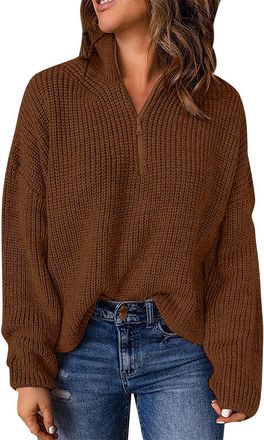 Generic Womens Jumpers Cable Knit Quarter Zip Lapel Collar Long Sleeve Pullover Knitted Tops Winter Warm Jumper Sweater(Coffee, S)