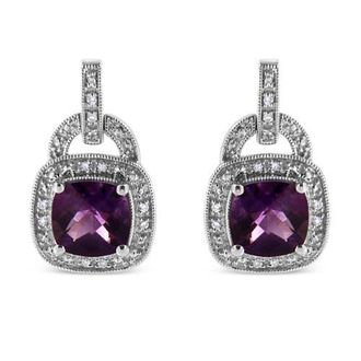 House of Brilliance Silver 8MM Natural Cushion Shaped Amethyst Diamond Accent Halo Dangle Earrings in White at Nordstrom