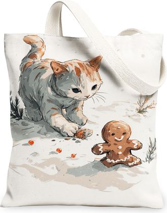 Generic Cat Gingerbread Canvas Tote Bags, Cute Animal Design Reusable Grocery Bags, Winter Lightweight Washable Shoulder Strap Canv, White, 13x15 Inch