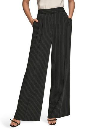 DKNY Pinstripe High Waist Wide Leg Pants in Black/Cream at Nordstrom, Size 8