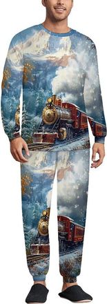 Generic Steam Train Old Engine Mens Pajama Set Print Loungwear Sleepwear PJ Set Long Sleeve Top And Pants Sleep Sets