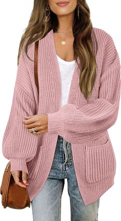 Merokeety Womens Chunky Cardigan Sweaters 2025 Lantern Long Sleeve Oversized Knit Outerwear with Pockets, Dusty Pink, M