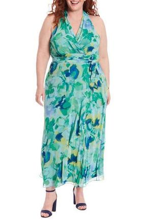 London Times Floral Sleeveless Chiffon Maxi Dress in Peri Green at Nordstrom Rack, Size 14W
