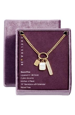 Chelsea28 Pav&eacute; Cubic Zirconia & Mother-of-Pearl Charm Necklace in White- Clear- Gold at Nordstrom