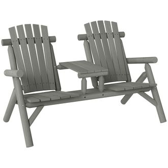 OUTSUNNY Wood Patio Bench 2 Seats w/ Centre Coffee Table - Grey | TJ Hughes