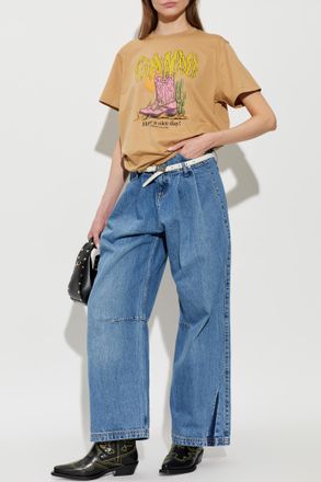 Ganni T-shirt With Print, Womens, Beige