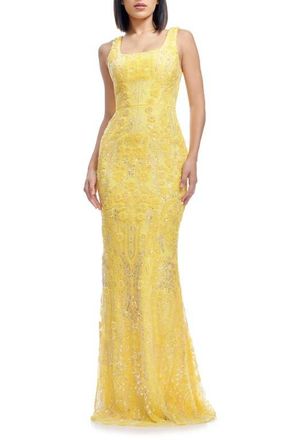 Dress The Population Tyra Beaded Chiffon Mermaid Gown in Canary at Nordstrom, Size Xx-Small