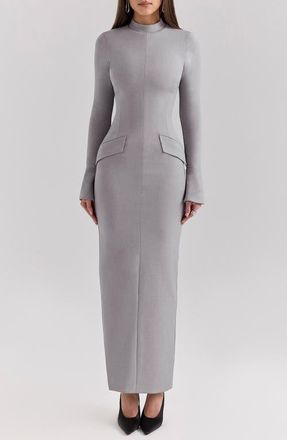 House of CB Marie Louise Mock Neck Long Sleeve Maxi Dress in Light Grey Melange at Nordstrom, Size X-Large