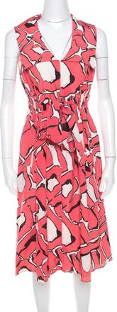 Escada Pink And White Abstract Print Silk Sleeveless Tie Up Dress