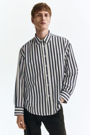 H&M Relaxed Fit Poplin Shirt in Dark Blue/striped at Nordstrom, Size Xx-Large
