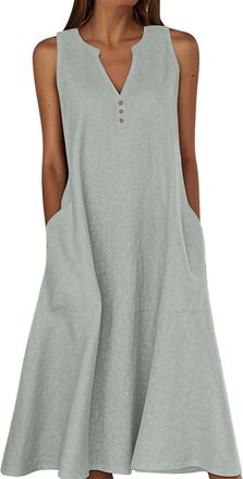 Generic Linen Dresses for Women UK Womens Linen Dresses UK Ladies Summer Sleevlesse Casual Midi Sundress V Neck Ruffle Swing A Line Dress 2025 Fasion Solid Ho