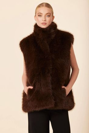 Dolce Cabo Faux Fur Stand Up Collar Vest In Brown