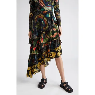 Farm Rio Mix Print Tiered Midi Skirt in Black Multi at Nordstrom, Size Large