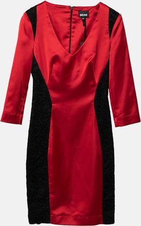 Just Cavalli Dark Red Stretch Satin Contrast Lace Paneled V Neck Sheath Dress