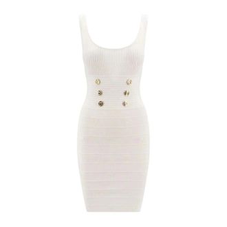 Pinko Geribbelde Mini Jurk met Knopen - Dames - Korte kleedjes - Wit - XS - Kleedjes