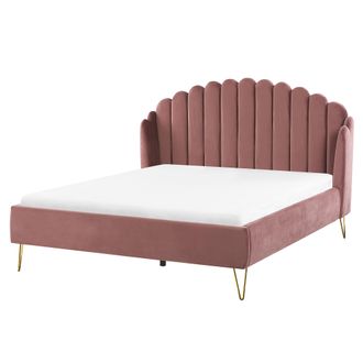 Beliani Cama Con Somier De Terciopelo Rosa 160 X 200 Cm Patas De Metal Cabecero Retro Capiton&eacute; Ambillou