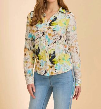FDJ Split Neck Print Long Sleeve Cotton Print Blouse In Pacific Paisley
