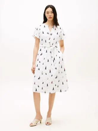 Tommy Hilfiger Womens Belted Sailboat Print Crepe Dress - White - XXL