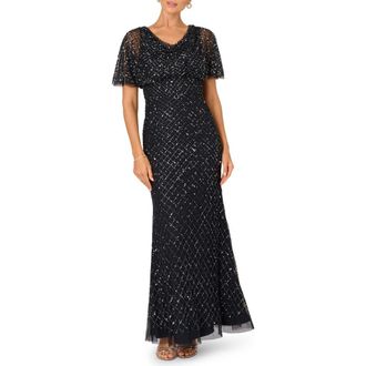 Adrianna Papell Beaded Cowl Neck Evening Gown in Midnight at Nordstrom, Size 6