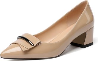 EDEFS Women Pointed Toe Block Heel Pumps Slip on Low Heels Pointed Toe Court Shoes Classic Buckle Design 2 Block Heeled Shoes Patent Beige UK2