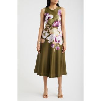 Anne Klein Floral Print Sleeveless Satin Midi Dress in Ivy Multi at Nordstrom, Size 12P