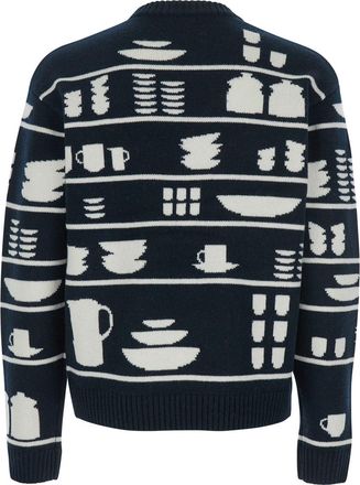 J.W.Anderson Mens Black And White Crewneck Sweater With Tableware Motif White-Black Wool Tops White/black Top